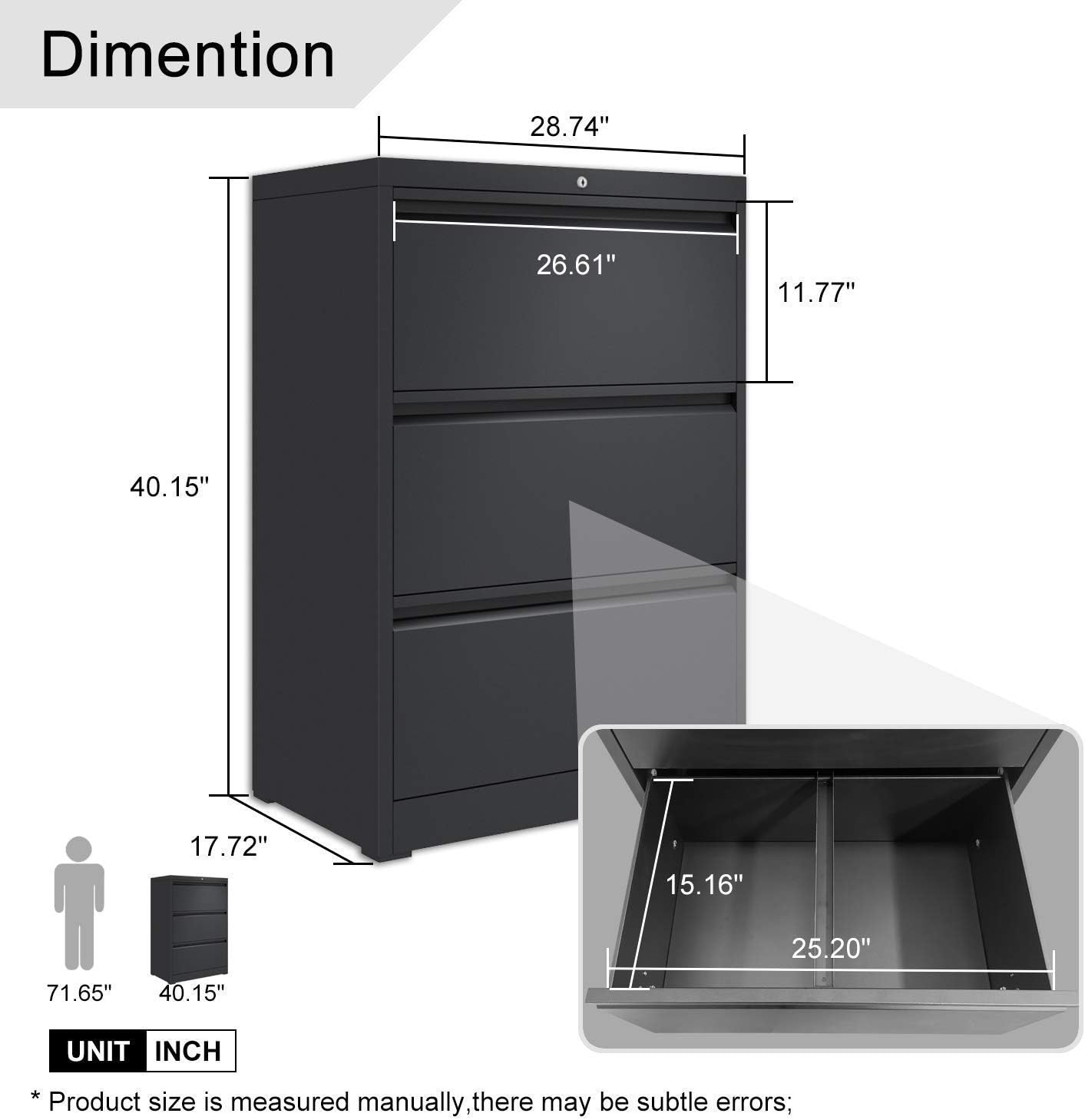 GREATMEET Lateral File Cabinet with 3 Drawer,Heavy Duty Metal Lateral File Cabinet,17.72 x 28.74 x 40.15, for Legal Letter Files,Disassemble,Black (3 Drawers)