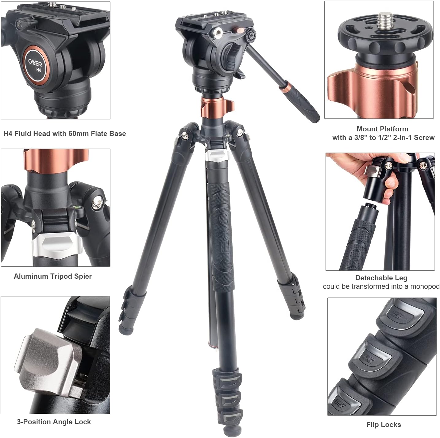 Cayer FP2450 Fluid Head Tripod, 75 inches Aluminium Tripod, 4-Section Compact Camera Tripod Convertible to Monopod for DSLR Camera, Load Capacity up to 13.2 Pounds