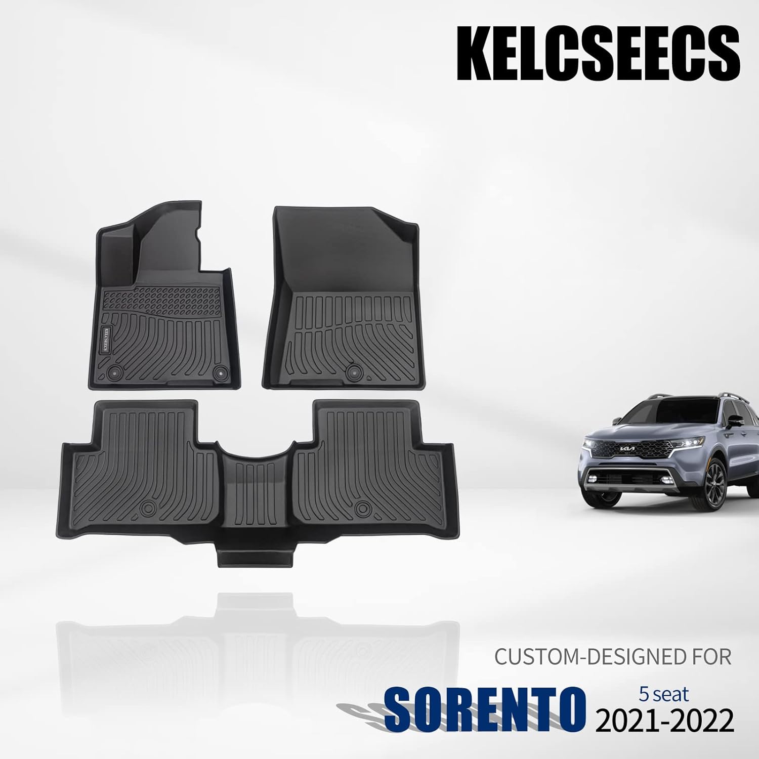 KELCSEECS Floor Mats Custom for Kia Sorento 5 Seat 2021 2022 Waterproof Rubber Car Mats All Weather Guard Odorless TPE Heavy Duty Automotive Floor Liners Front & Rear Row Full Set Accessories Black