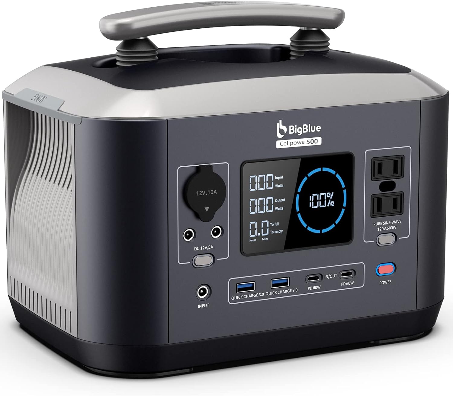 BigBlue Portable Power Station 537.6Wh,Recharge 0-80% Within 2Hrs,Cellpowa500 LiFePO4 Battery Solar Generator with MPPT, 4.0IN Large Screen,500W AC,Regulated DC,PD 60W USB-C for Camping, RV, Off-Grid