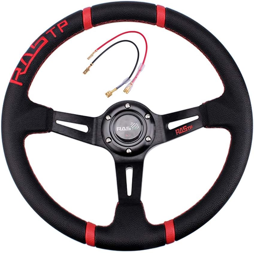 RASTP Deep Dish Racing Steering Wheel Universal Leather Embroidery 13.58&rdquo;/345mm 6 Bolts with Horn Button Include Cable, Wrench (Black)