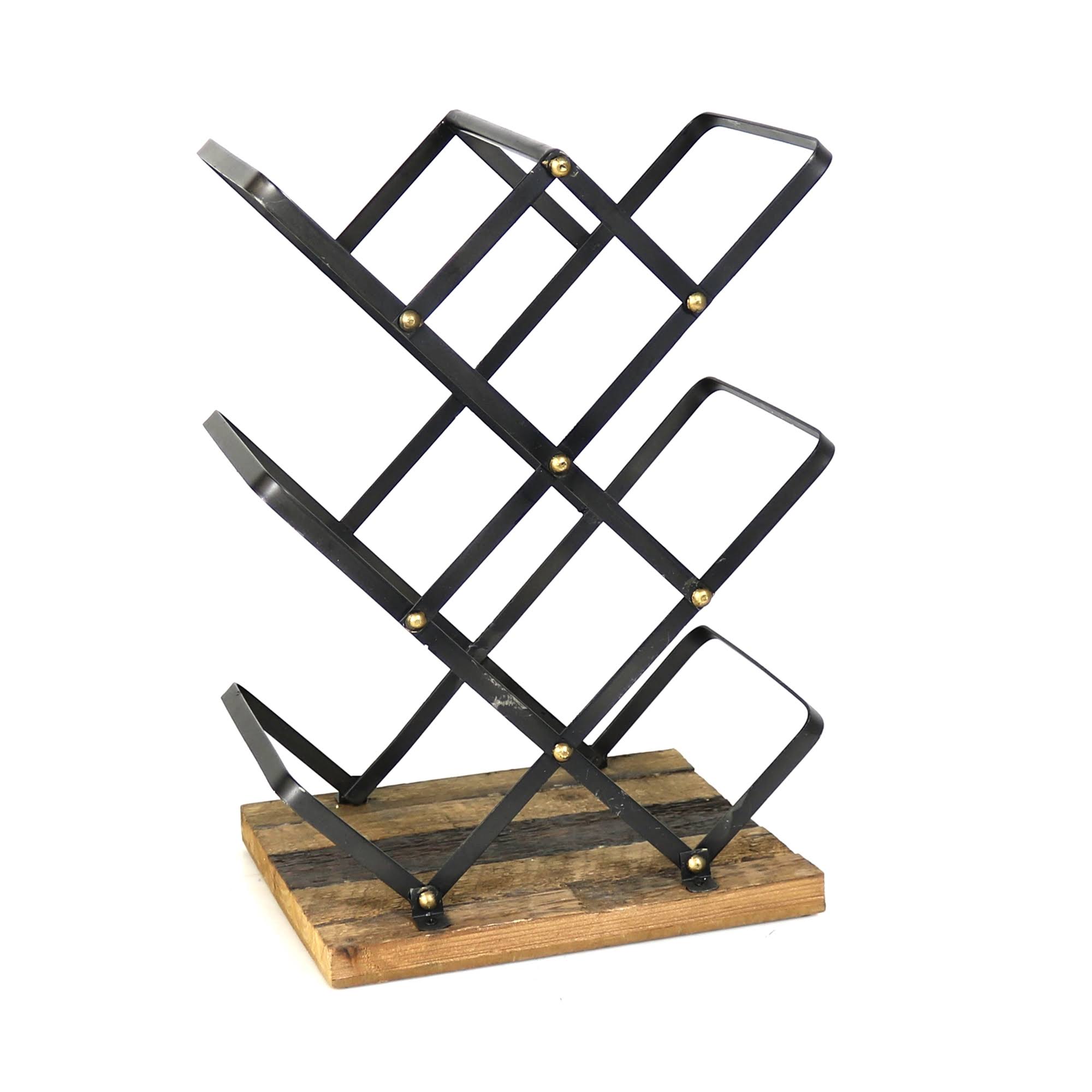 Benjara Bm209838 Industrial Style Criss Cross Wine Rack with Wooden Base, Black and Brown