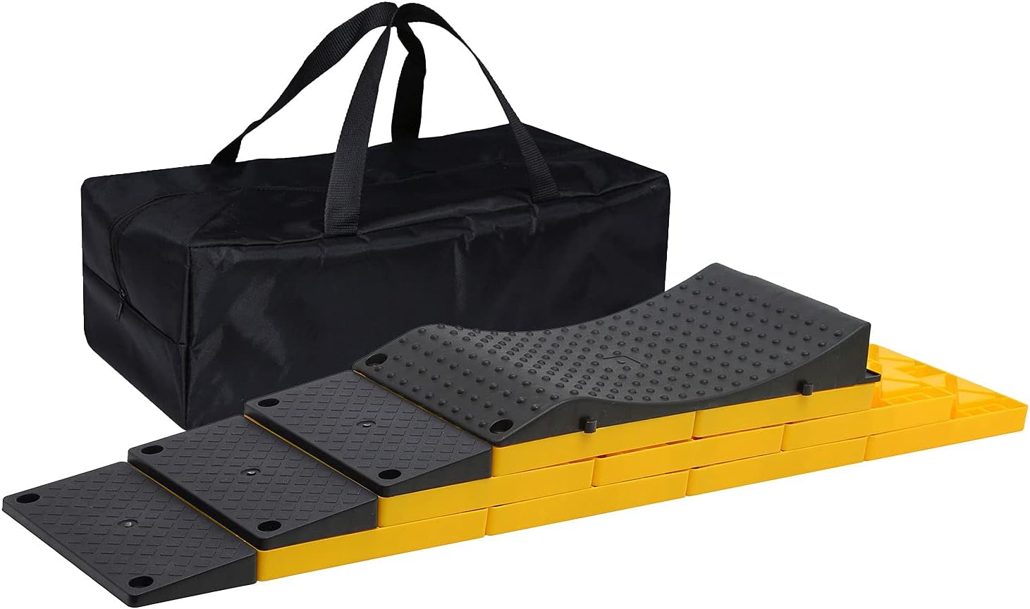 Homeon Wheels RV Leveling Blocks, Heavy Duty Camper Leveling Blocks and Chocks Anti-Slip Pads One Top Tire Saver Ramp, 3 Black Slanted Ramps, 9 Interlocking Leveling Blocks with Storage Bag(WH-202P)