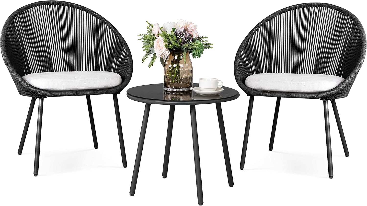 Nuu Garden 3 Piece Patio Table Set Outdoor All Weather Woven Rope Patio Conversation Bistro Set with Cushions, Patio Furniture Sets for Balcony, Garden, Balcony, Deck, Backyard, Gray