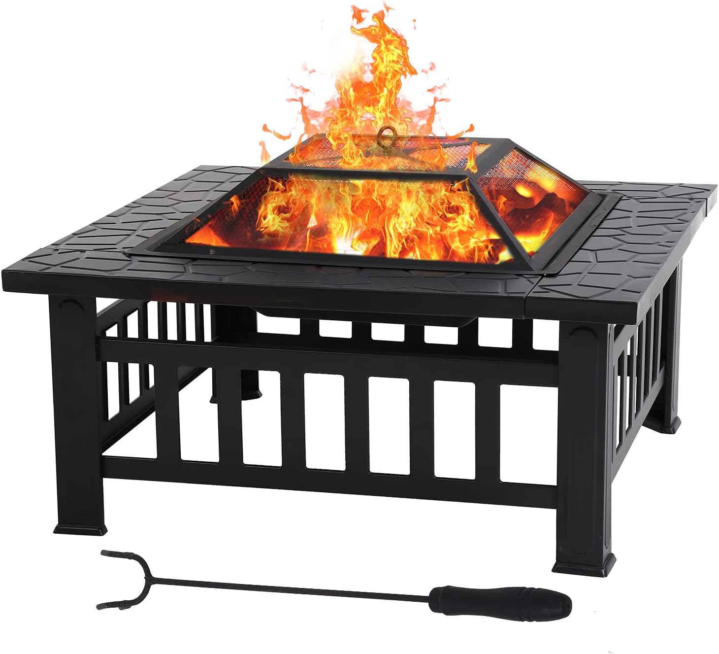 Fire Pit Multifunctional Outdoor 32&rdquo; Square Metal Firepit Wood Burning Firepit with Charcoal Rack, Poker & Mesh Cover , for Patio Camping BBQ &mdash; Black