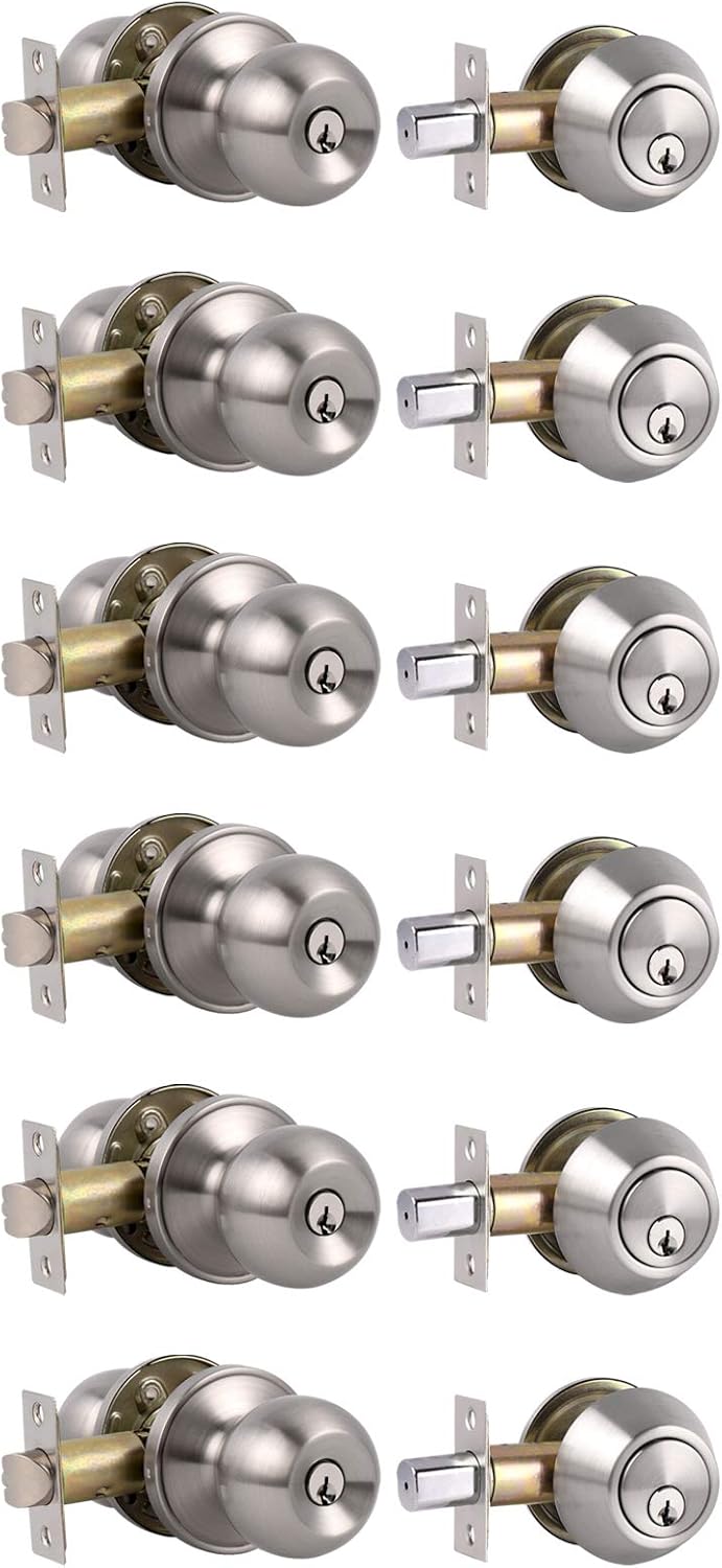 2 Sets-Wave Style Entry Door Levers with Double Cylinder Deadbolts Combo Pack, Keyed Alike Door Knobs Exterior and Interior Lockset Leverset, Handleset for Front and Entrance Door Pack of 2