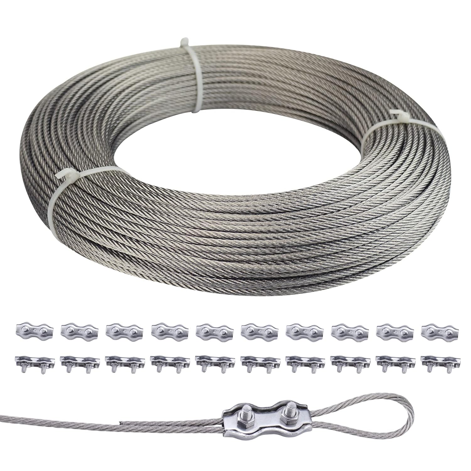 Muzata 165Feet 1/8inch Stainless Steel Wire Rope Aircraft Cable Railing Decking 7x7 Strand Indoor Outdoor DIY Balustrade String WR01 with 20Pack Locking,WP1