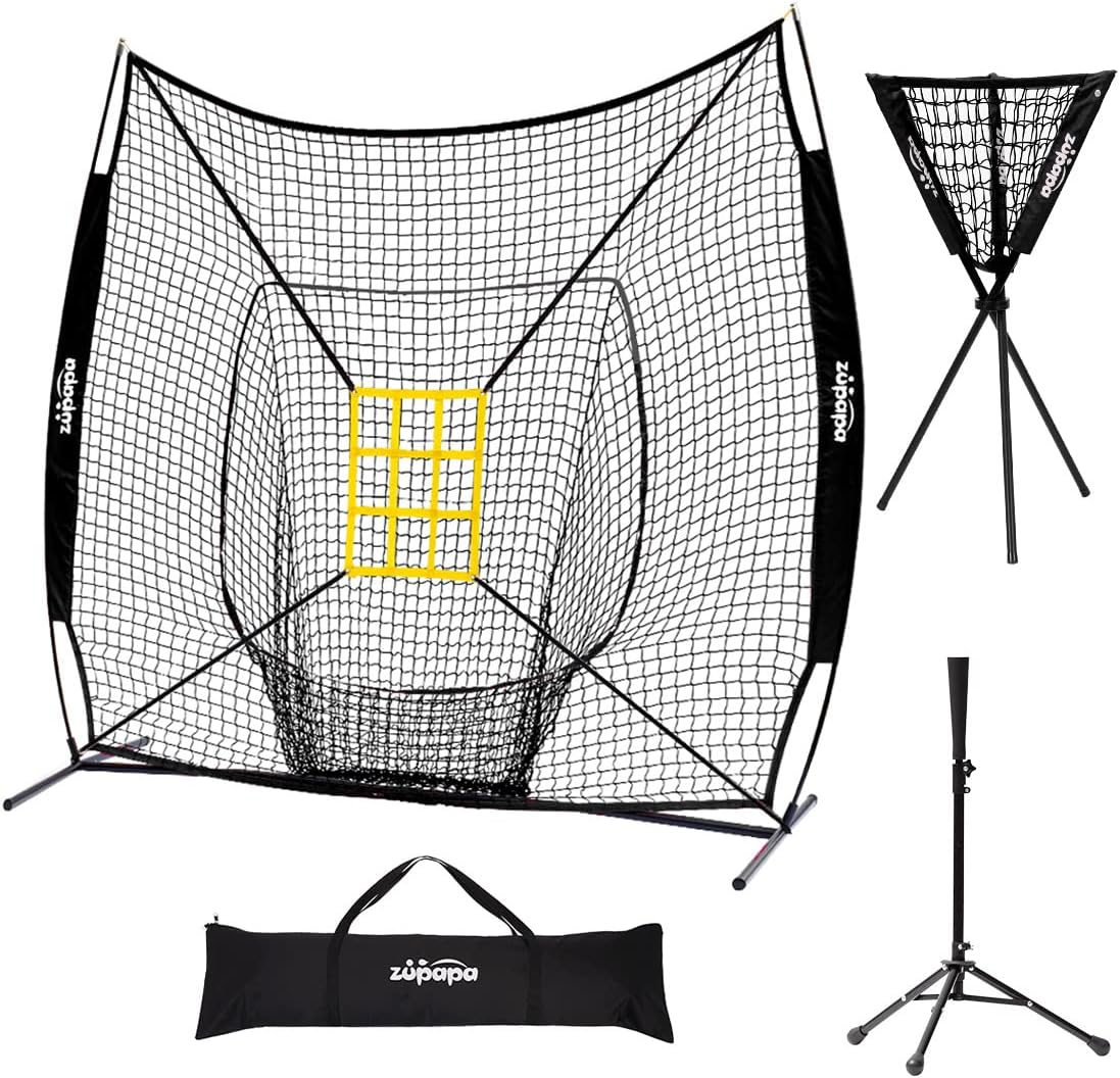 Zupapa 7 x 7 Feet Baseball Softball Net Tee Caddy Set, Hitting Pitching, Baseball Backstop Practice Net for Pitching Batting Catching for All Skill Levels, Carry Bag Strike Zone Included