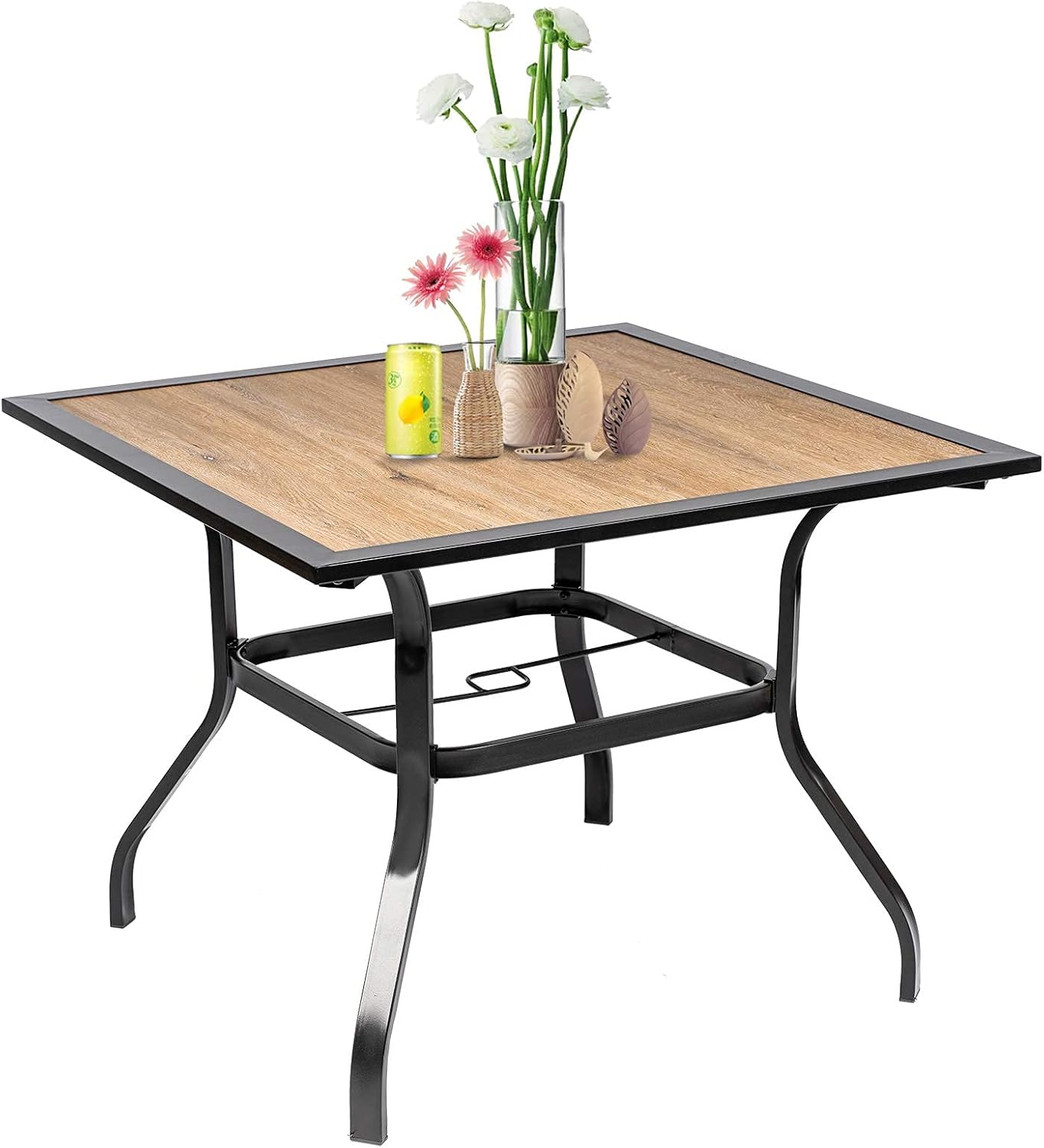 SOLAURA Outdoor Dining Table Patio Steel Slat Table Top for 6-Person/Metal Frame, Umbrella Hole, Indoor or Outdoor, Black