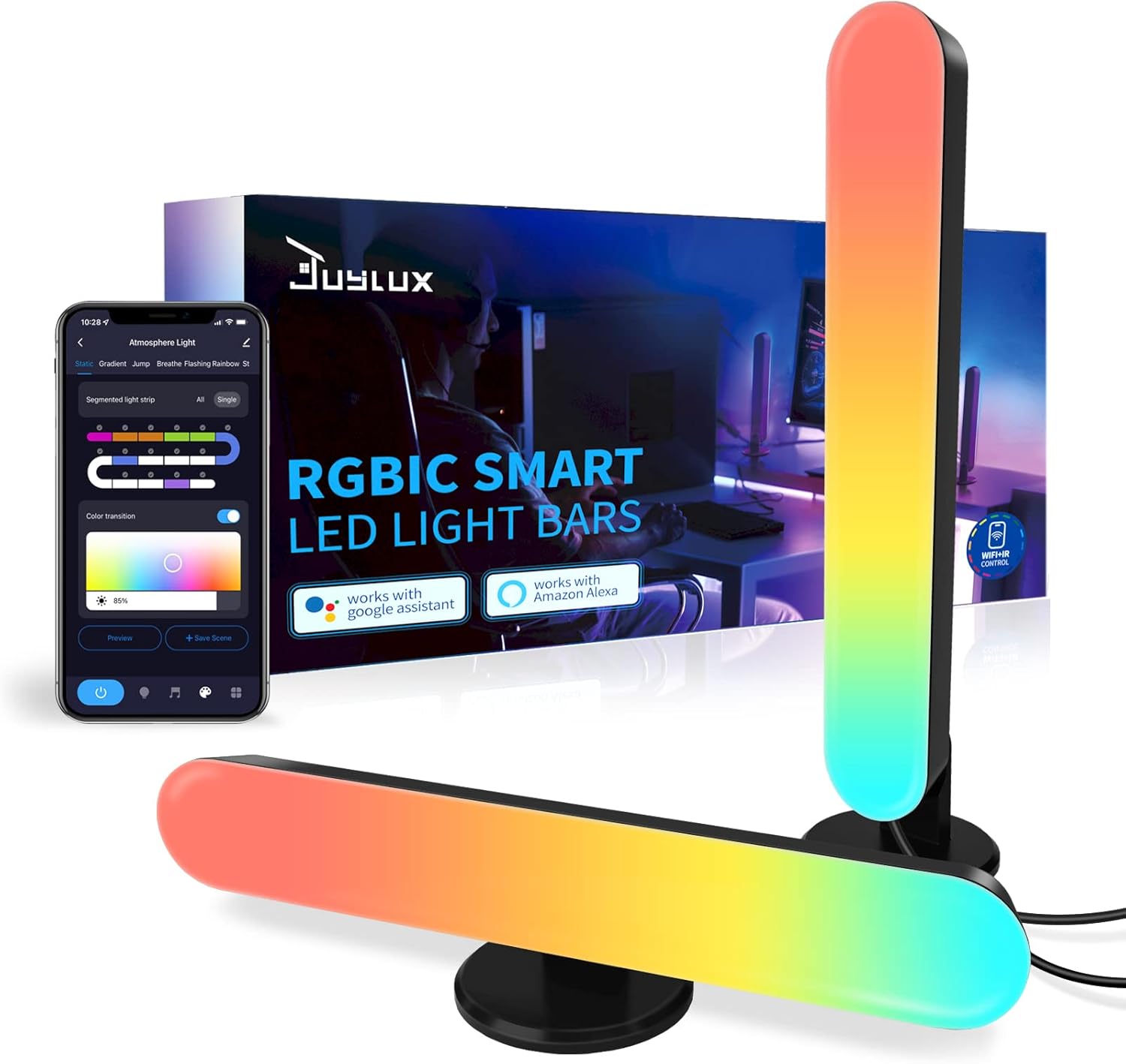 Ambient Lighting, Immersion Gaming Lights, Dynamic Rainbow Effect TV LED Backlights with Music Sync, Juylux RGBIC Light Bars Works with Alexa & Google Assistant for PC TV Gaming Room Decoration-2PC Pack of 2