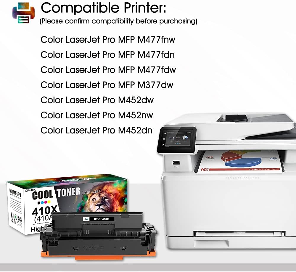 Cool Toner Compatible Toner Cartridge Replacement for HP 410X 410A CF410A Color Pro MFP M477fnw M477fdw M477fdn M452dn M452dw M452nw M477 M452 Printer Ink (Black Cyan Yellow Magenta, 4-Pack) Pack of 2