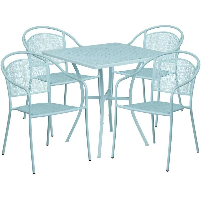 Ergode 28&& Square Sky Blue Indoor-Outdoor Steel Patio Table Set with 4 Round Back Chairs