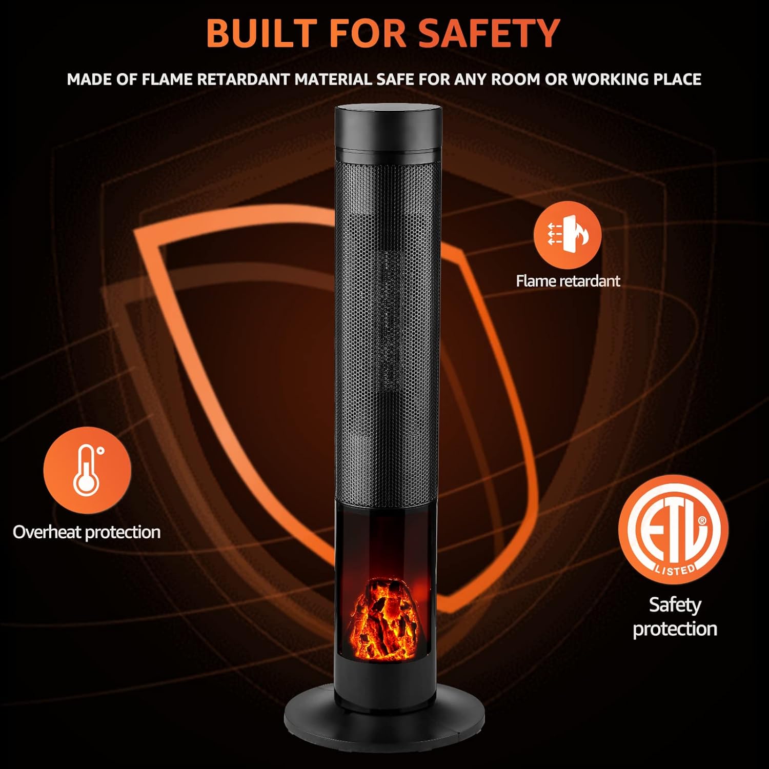 LEISURELIFE Portable Tower Space Heater with Volcano for Bedroom, Oscillating, Remote, 12h Timer, Temperature Display