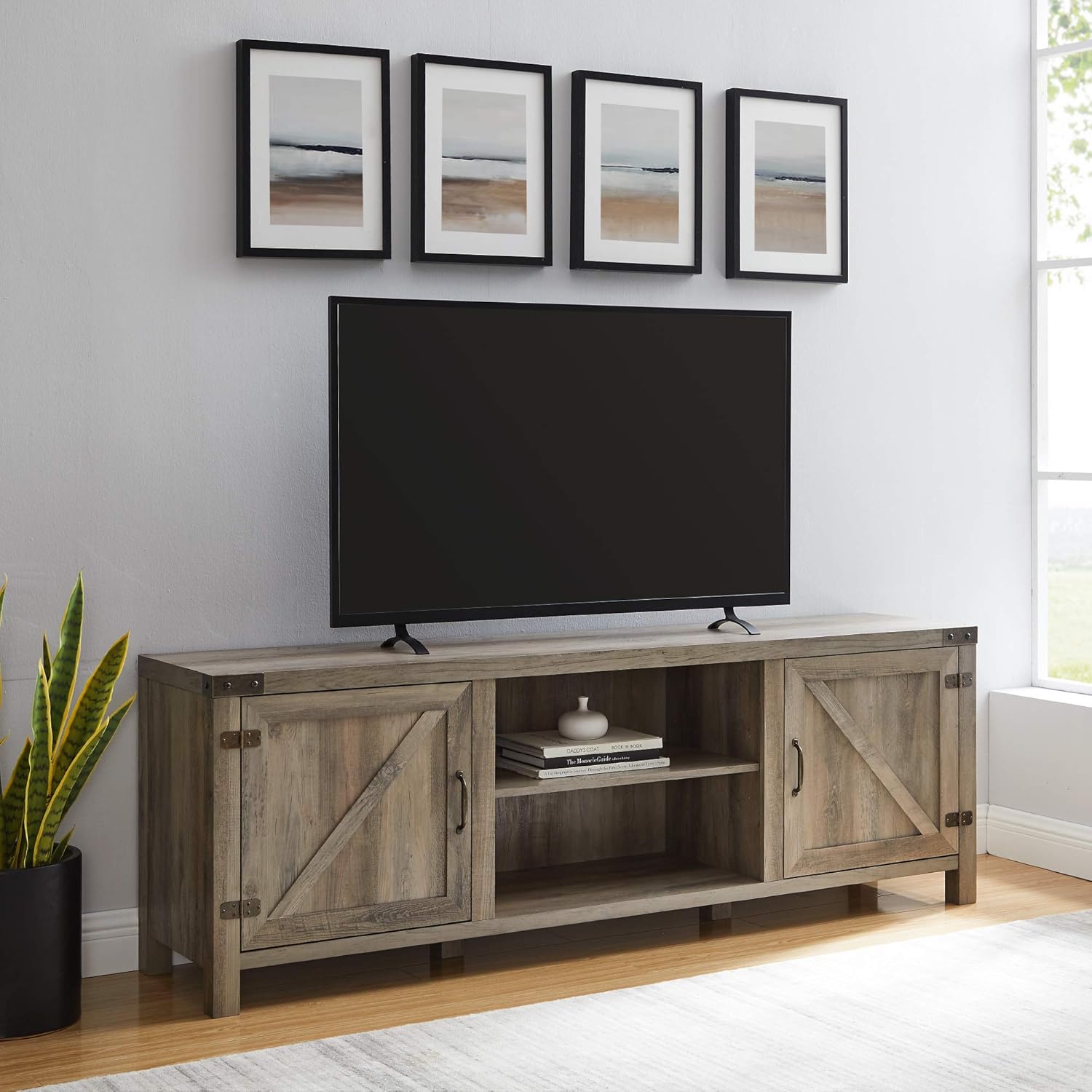 Home Accent Furnishings Tucker 70 Inch Barn Door TV Console in Grey Wash