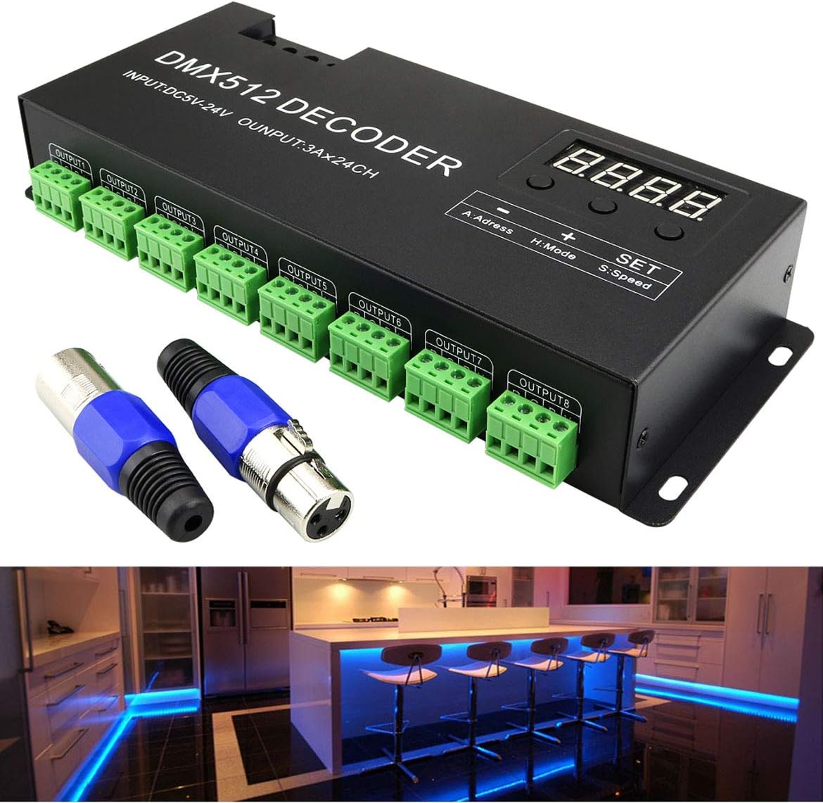 AZIMOM 24 Channel DMX Decoder Controller with Digital Display DC5V-24V 3A/CH RGB DMX512 led Controller Tape Strip Light Decoder Dimmer Pack of 2