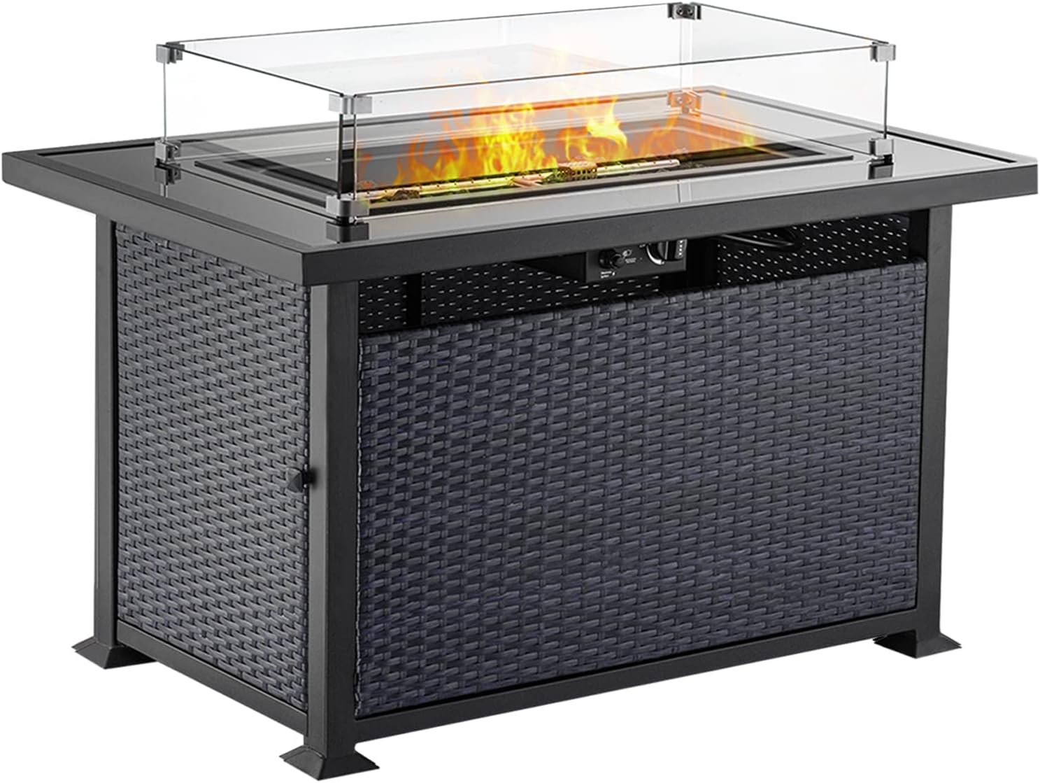SHA CERLIN 42 Inch 55,000 BTU Auto-Ignition Propane Fire Pit Table with Glass Wind Guard, PE Rattan, Apply for Patio Garden, Balcony, Poolside, Black.