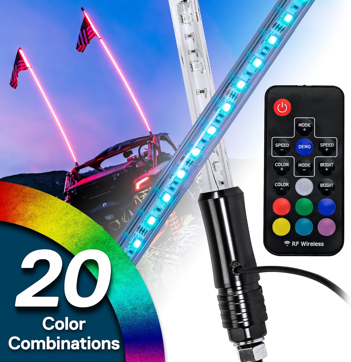 2pc 5ft LED Whip Lights for UTV ATV [21 Modes] [20 Colors] [RF Wireless Remote] [Weatherproof] [USA Flag] LED Lighted Whips Antenna for RZR Can-Am Polaris UTV ATV Accessories