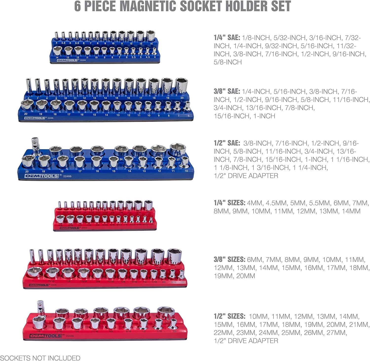 OEMTOOLS 22489 6-Pack Set Metric and SAE Magnetic Socket Organizers, Tool Box Socket Organizer for 1/4
