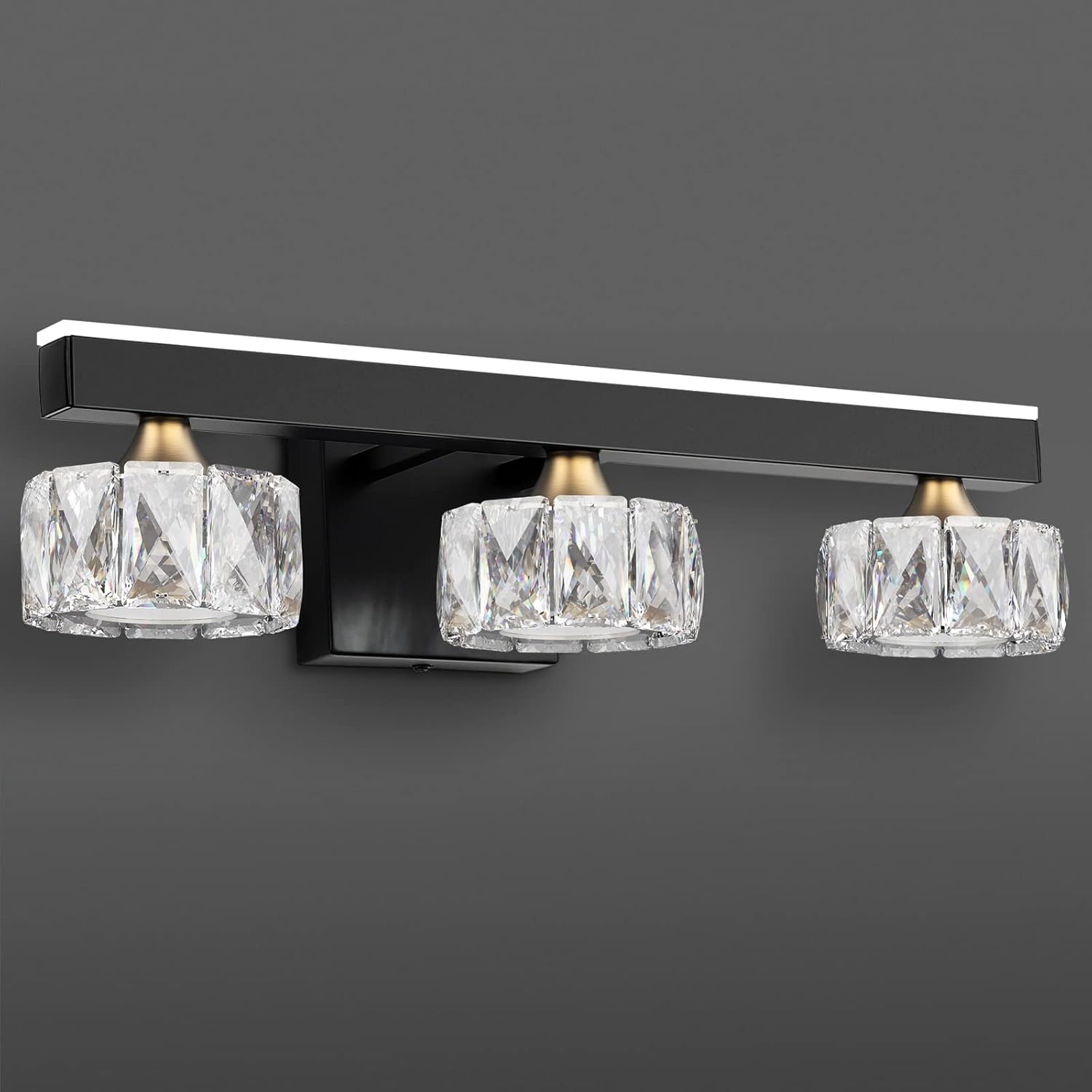 BRKNIT Black Crystal Bathroom Vanity Lights Fixtures Over Mirror Modern LED Cool White Light 6000K for Bathroom (Upgraded)