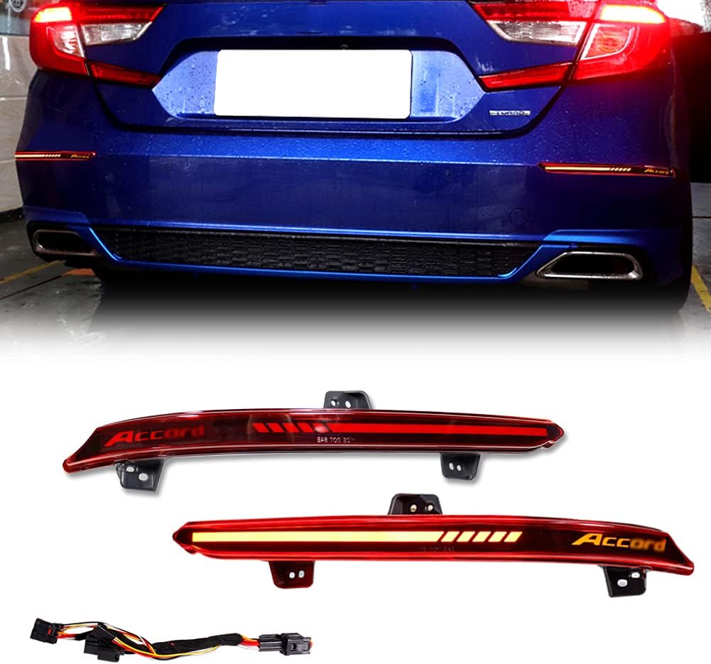 GTINTHEBOX OEM Smoked Lens Led Rear Bumper Reflector Brake Tail Light w / Sequential Flash Singal Lights for 2018-2021 Honda Accord (Upgraded version)