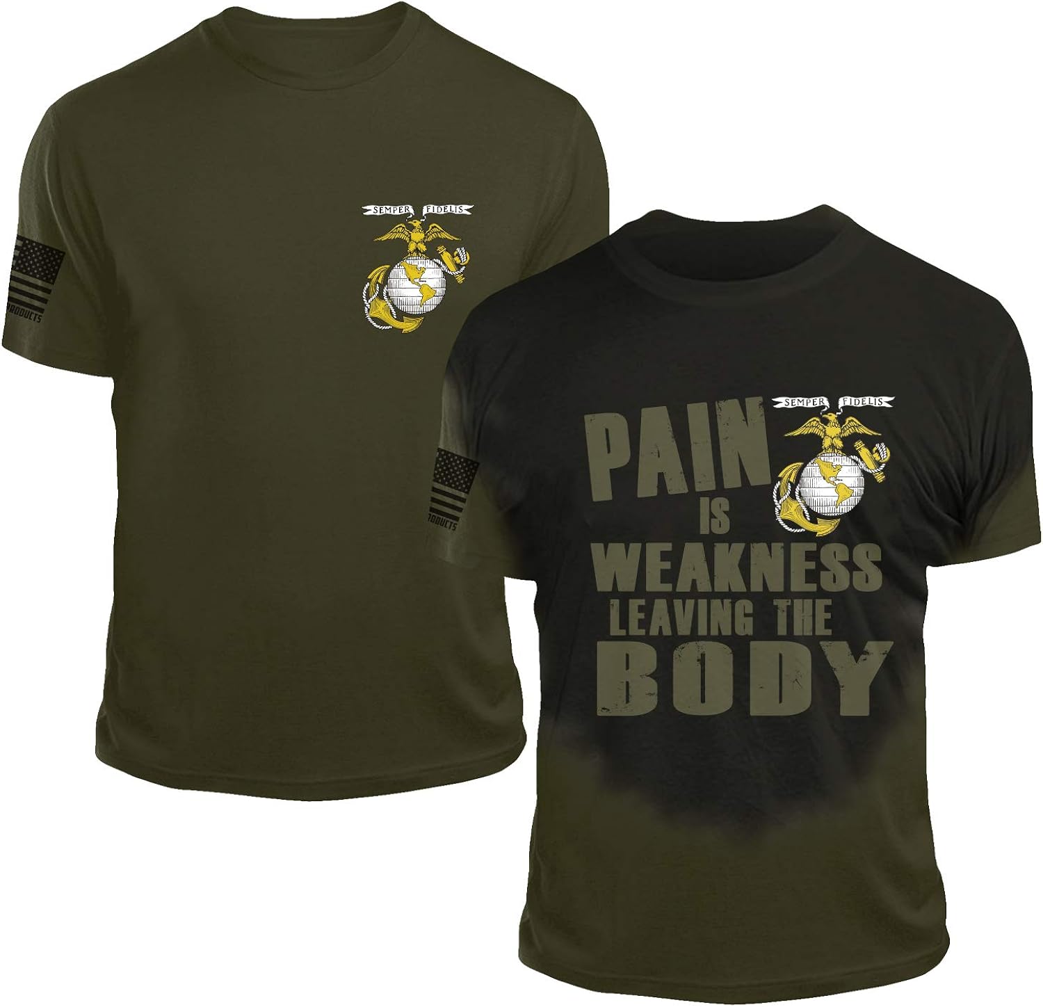 Military Veteran Products USMC T-Shirt &ndash; Pain is Weakness Leaving The Body &ndash; Sweat Activated &ndash; Fabric