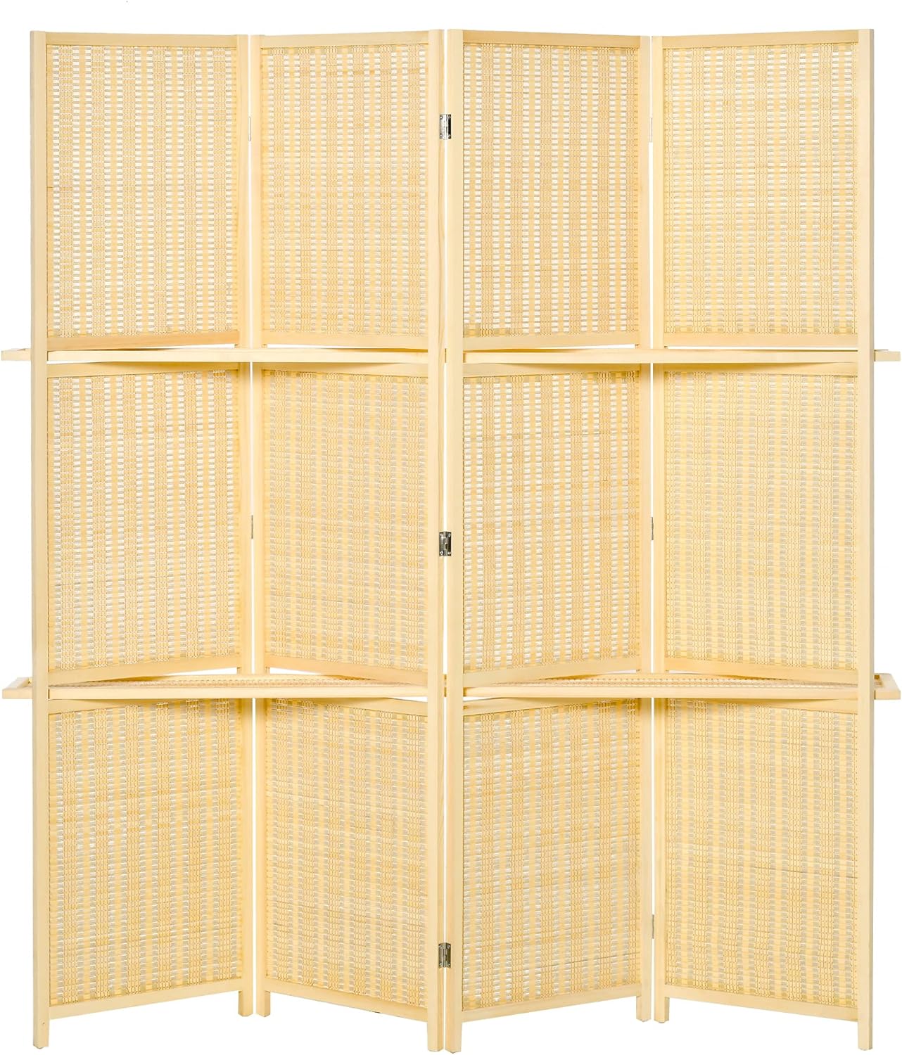 HOMCOM 4-Panel Bamboo Room Divider, 6 Ft Tall Folding Privacy Screen Panels with 2 Shelves for Indoor Bedroom Office Natural