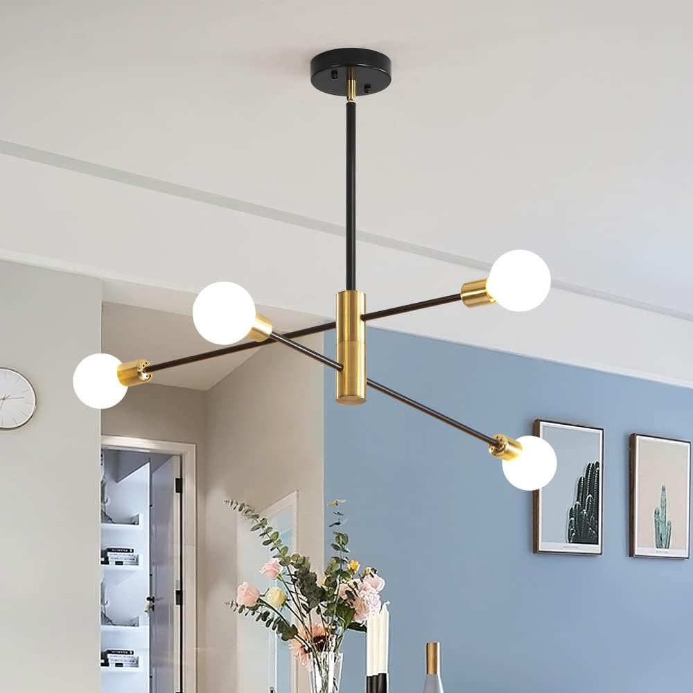 Sputnik Chandelier Mid Century Modern Industrial E26 Pendant Lighting Chandeliers Ceiling Light Fixture Black and Gold Light for Living Room,Kitchen,Bedroom,Dining Room and Farmhouse