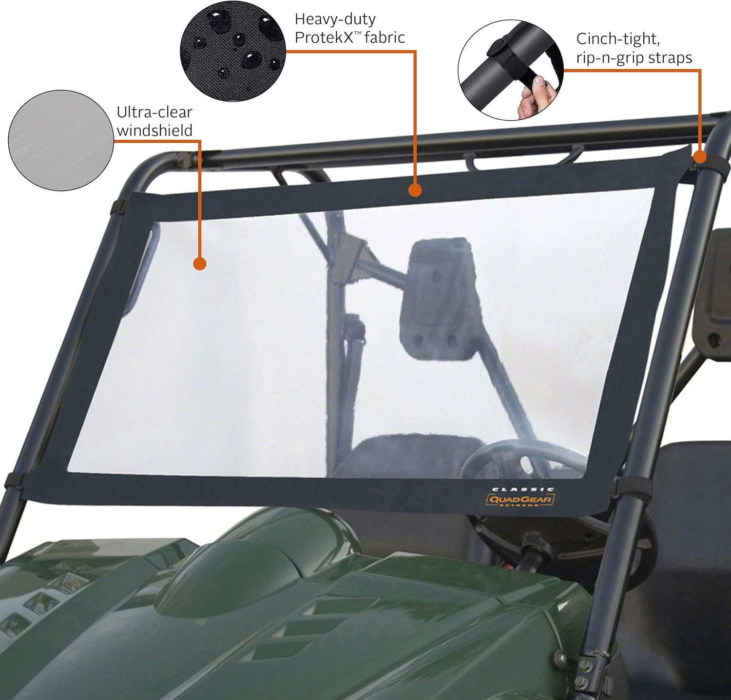 Classic Accessories QuadGear UTV Front/Rear Windshield, Fits Polaris Ranger '02 - '08 models, Black