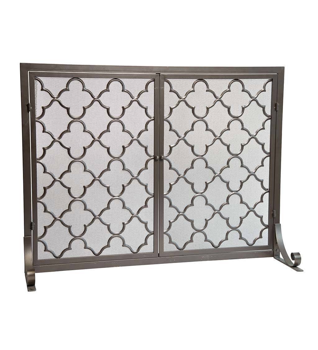 Small Geometric Fireplace Fire Screen with Doors, Bronze