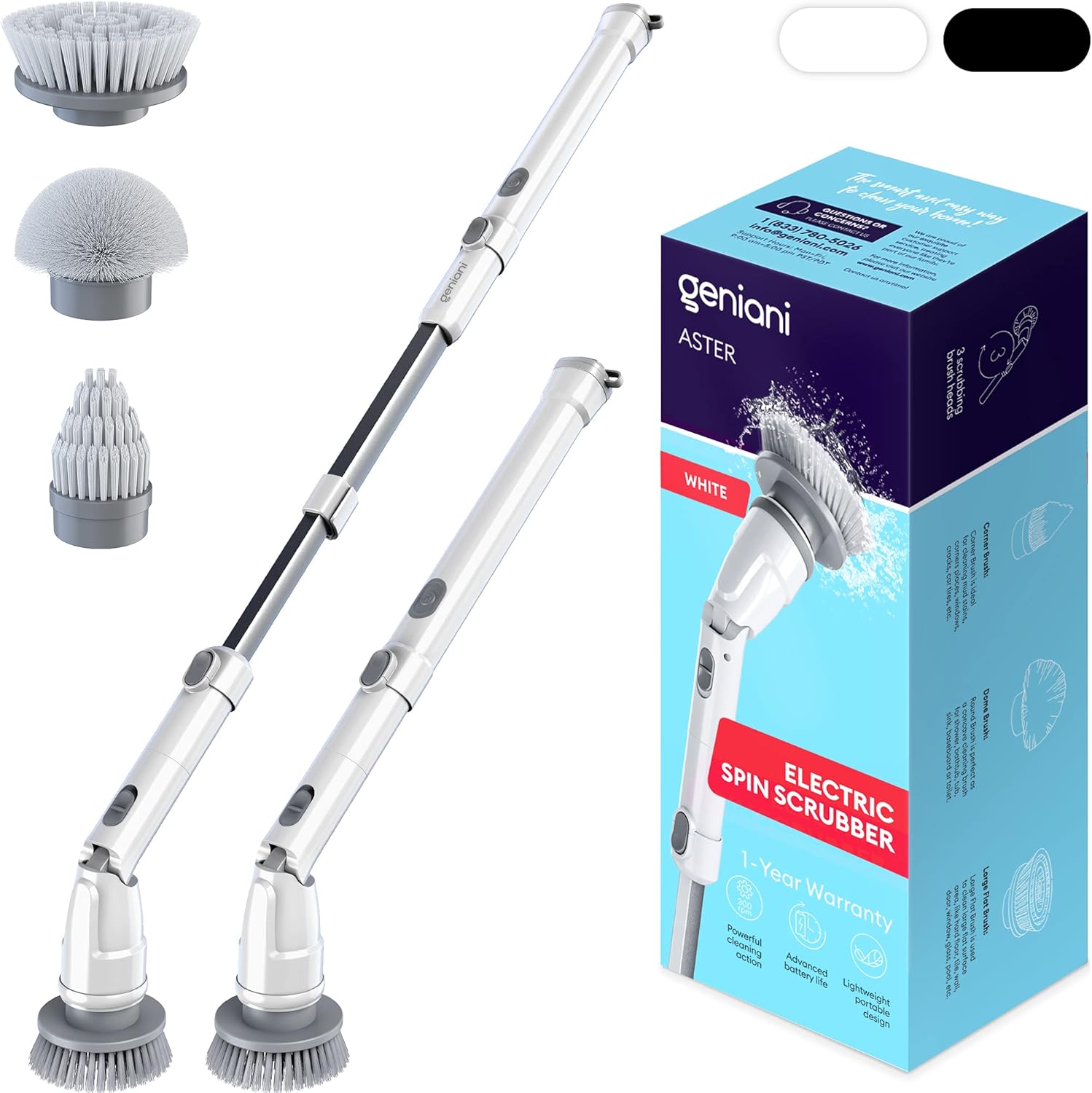 GENIANI Electric Spin Scrubber - 360 Cordless Powerful Scrub Brush for Cleaning Bathroom, Tile, Floor, Tub and Shower with Adjustable Extension Handle and 3 Replaceable Rotating Brush Heads (White) Pack of 2