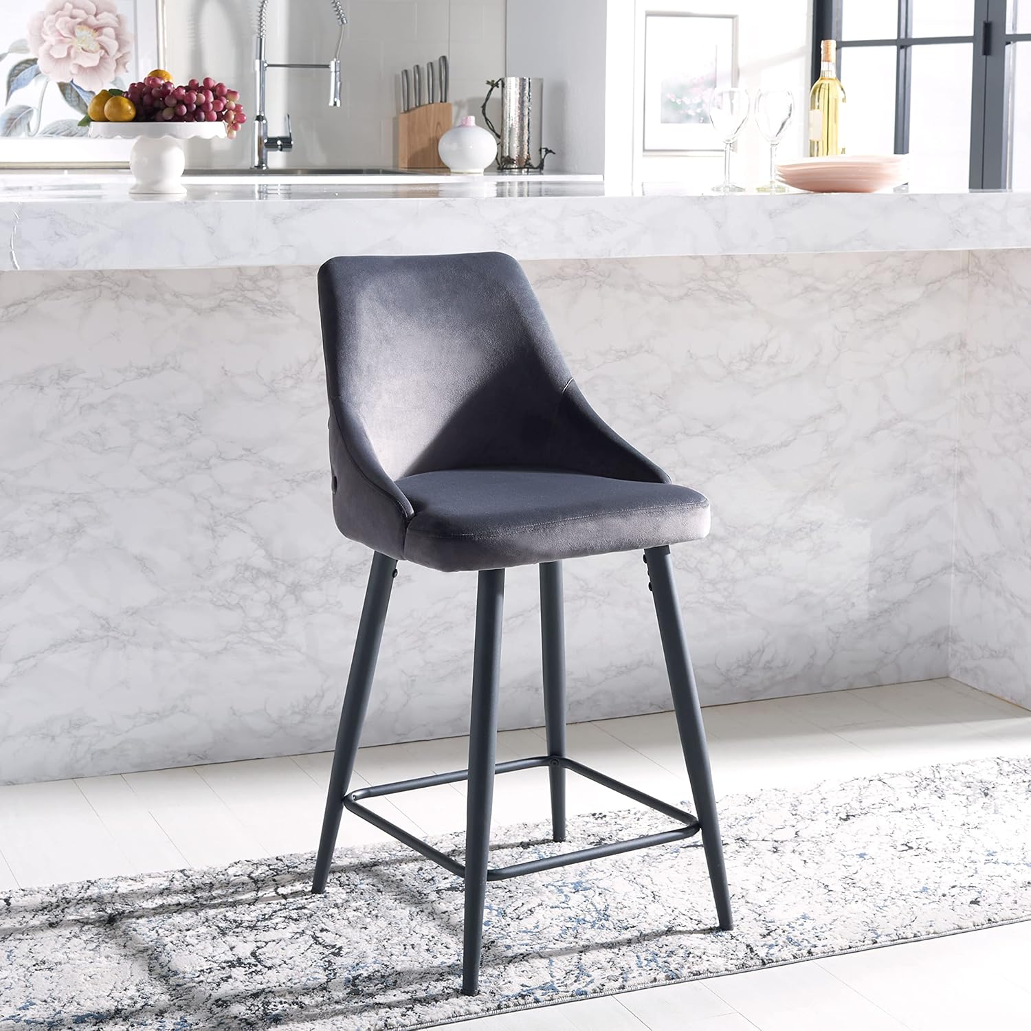 SAFAVIEH Home Collection Kelsey Shale Velvet/ Black 24-inch Kitchen Breakfast Nook Island Dining Pub Counter Stool