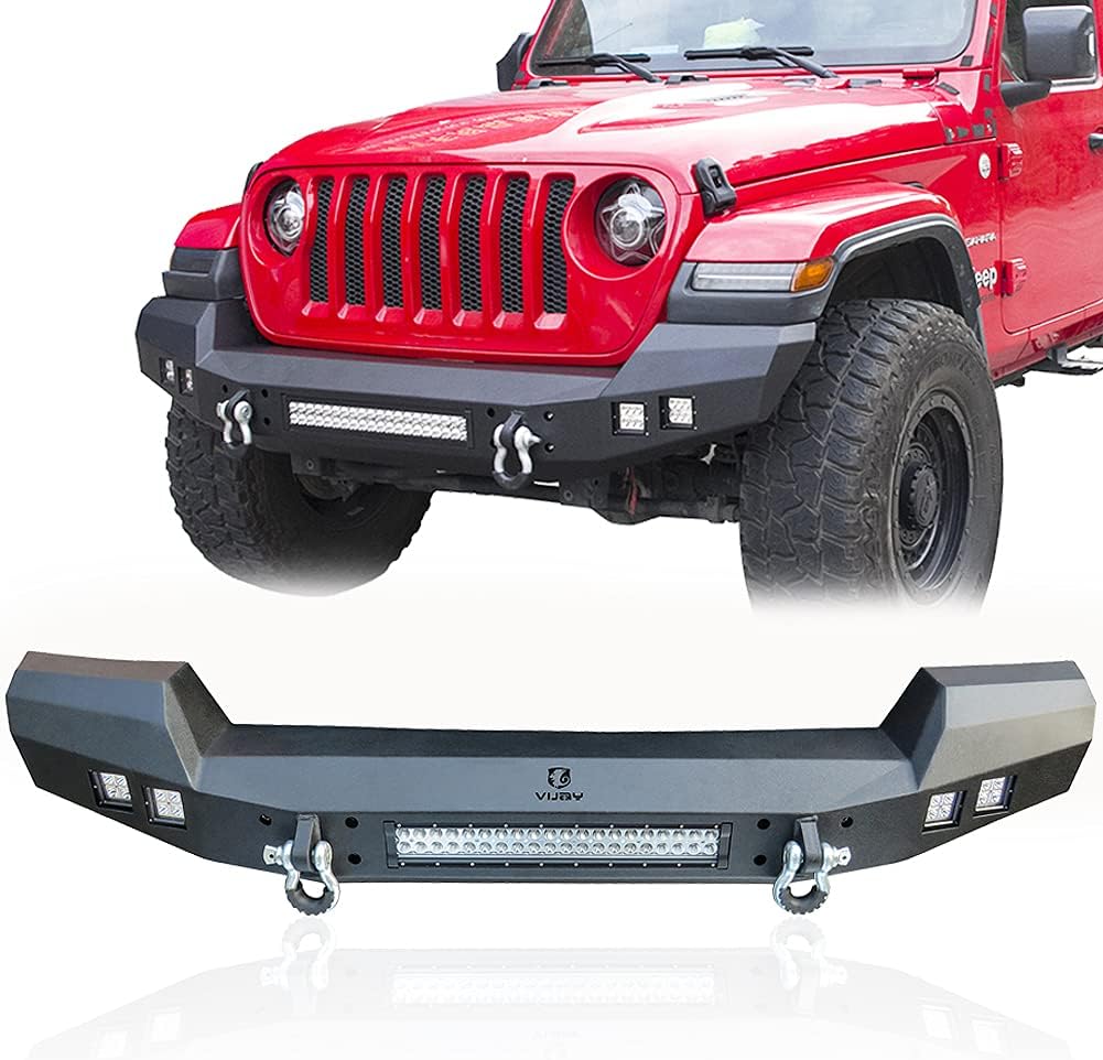 Ronghui JL Full Width Front Bumper Textured Black with 5x20W LED Lights +2x4.75T D-Rings for 2018-2022 Wrangler JL/JLU