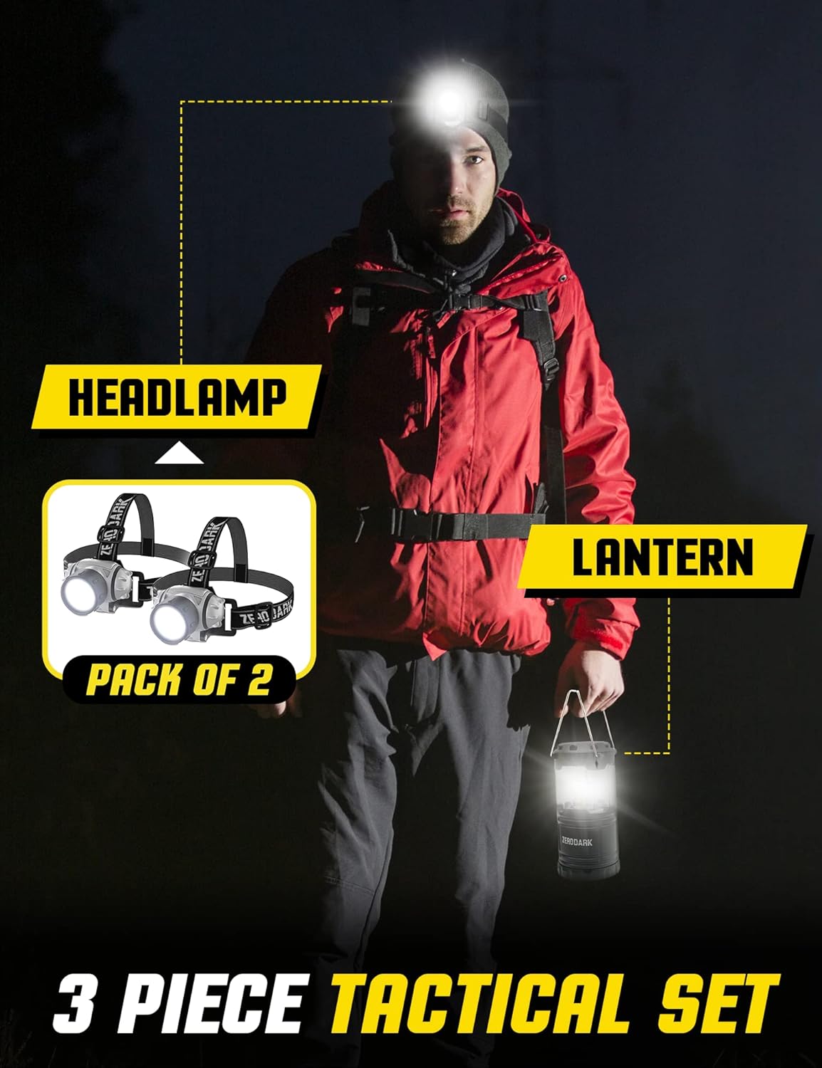 ZeroDark Tactical Gear 3-Piece Set Camping Lights, Outdoor Lantern and 2 LED Headlamp Outdoor Hiking Gear