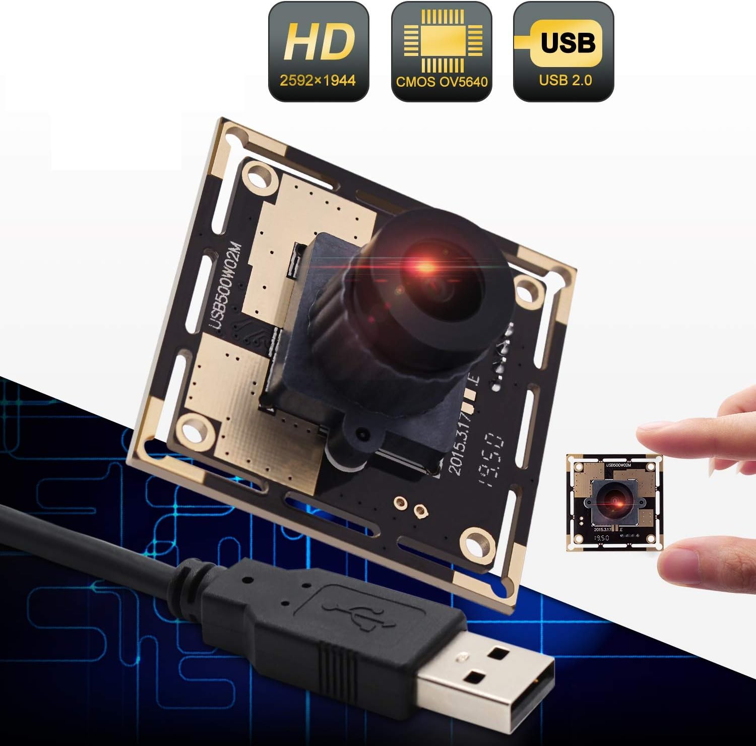 5 Megapixel USB Camera Module HD 2592X1944 USB Webcamera with CMOS OV5640 Sensor USB with Camera, Machine Vision Mini Webcam for Windows Mac Andriod Linux,Plug&Play,OTG Camera (2.1mm Lens)