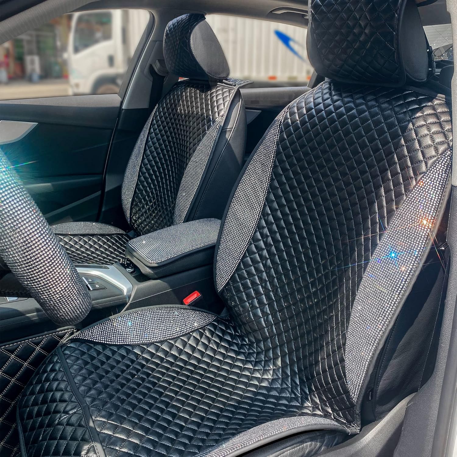 Lady Crystal 1 Pair Bling Front Leather Car Seat Covers, Luxury Car Protectors, Universal Anti-Slip&Sun-Resistant Driver Seat Cover with Backrest,Durable&Comfy