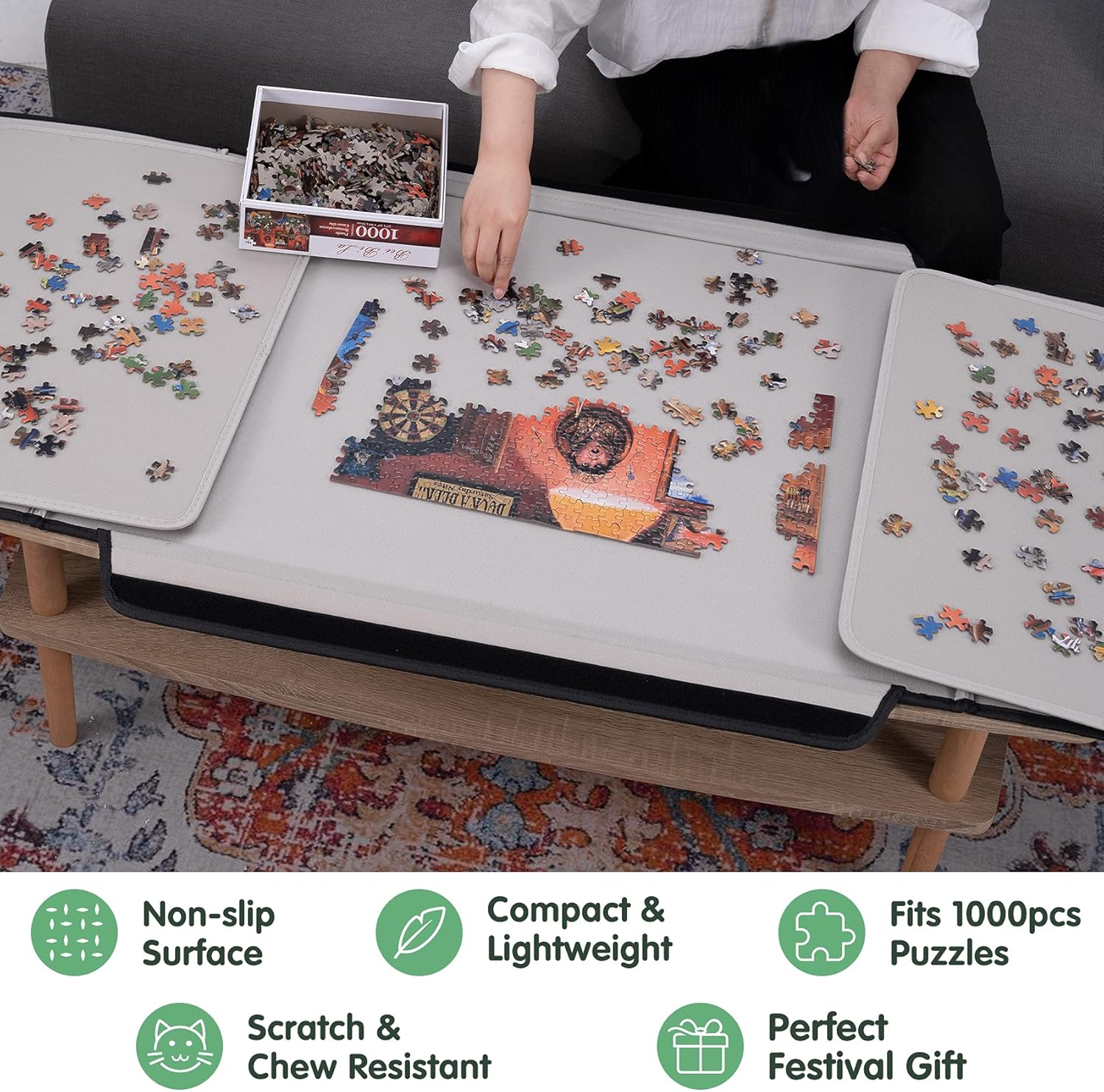 Jigsaw Puzzle Board, Portable Puzzle Caddy with Non-Slip Surface and 2 Removable Puzzle Trays, Foldable Puzzles Storage Case Table for 1000 Pieces Pack of 2