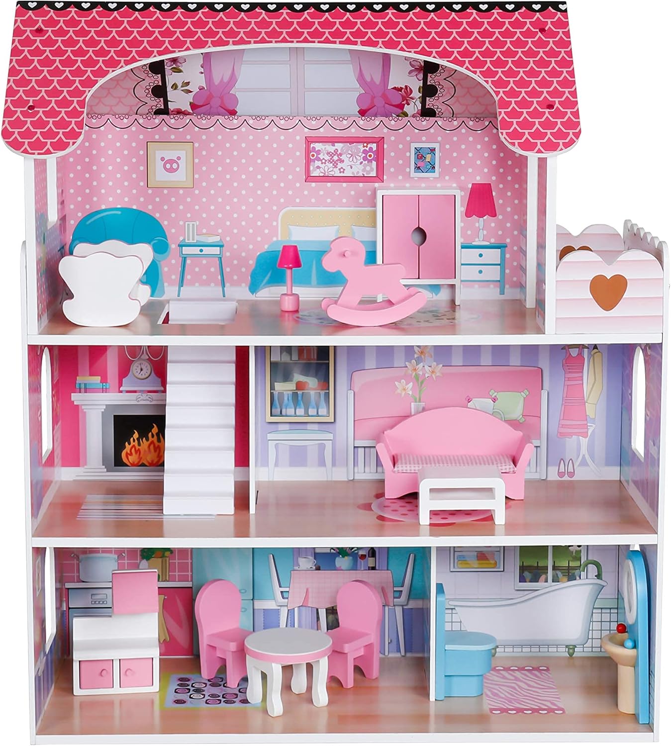 Pidoko Kids Wooden Dollhouse - Includes 12 Pcs Furniture Accessories