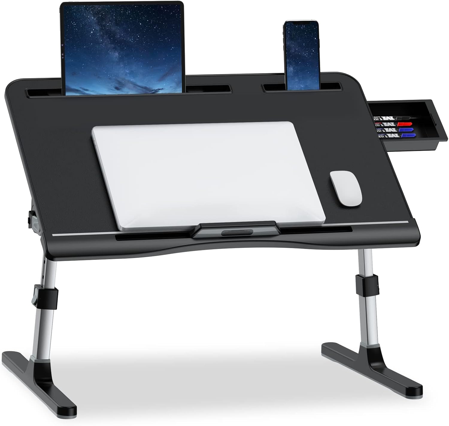 Potuopy Laptop Desk for Bed, Bed Desk for Laptop, Adjustable Laptop Bed Desk with Storage Drawer, Foldable Laptop Desk for Working, Writing, Drawing, Gaming (X-Large, Black)