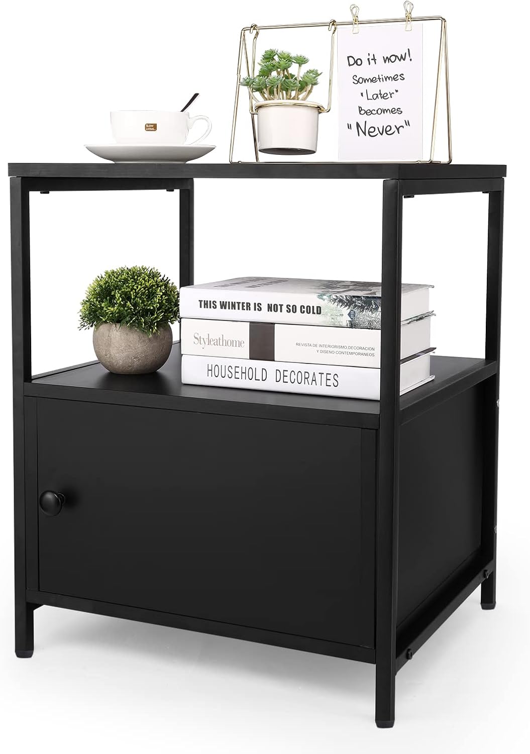 farexon Nightstand, Wodden End Side Table with Storage Cabinet and Open Shelf, 3-Tier Bedside Table for Bedroom, Living Room, Lounge and Office, Easy Assembly, Black