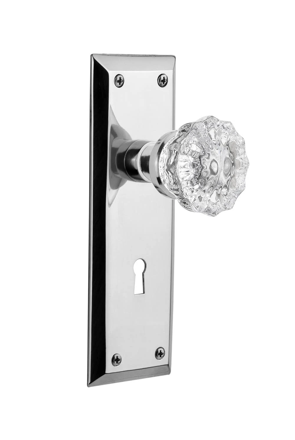 Nostalgic Warehouse 718597 New York Plate with Keyhole Privacy Crystal Glass Door Knob, Bright Chrome