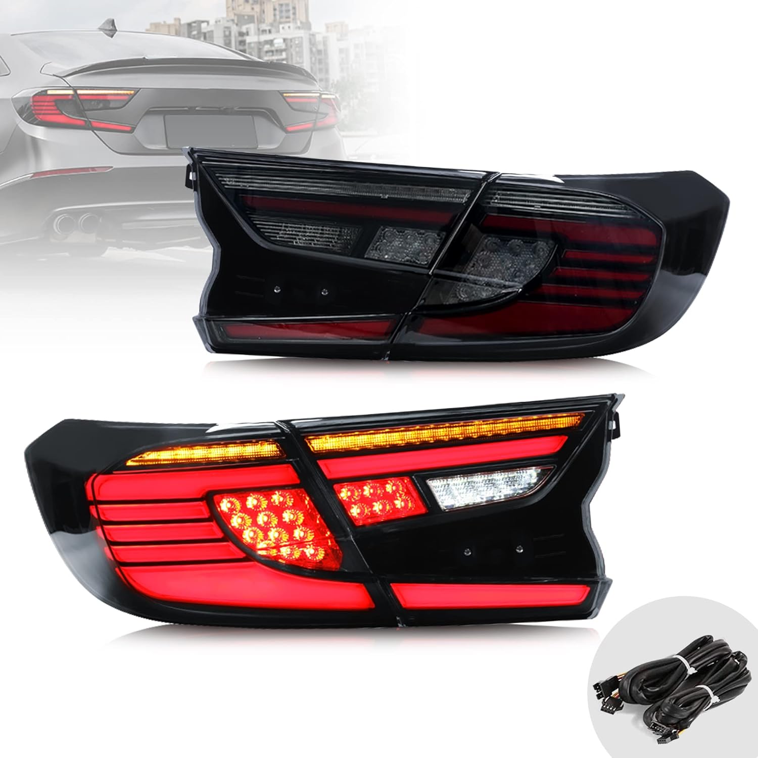YUANZHENG Full LED Tail Lights Compatible with [Honda Accord 2018 2019 2020 10th Gen] Rear Lamps with Dynamic Animation Breathing DRL, Sequential Turn Signal 3D, YAB-HD-0307, Smoked, Pair 4PCS
