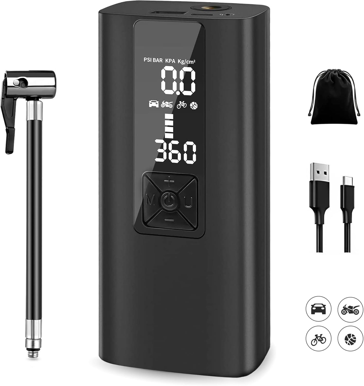 Portable Air Compressor, Fehrominger Rechargeable Tire Inflator 150PSI 8000mAH Cordless Emergency LED Light Electric Air Pump for Car Tire Bicycles Motorcycle Balls (Black)