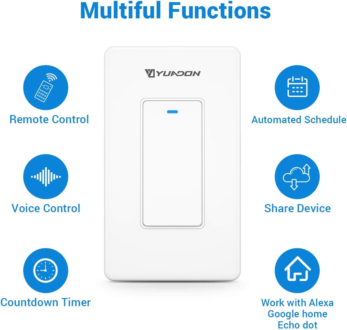 YuaDon Smart Switch Smart Light Switch 2.4Ghz WiFi in Wall That Compatible with Alexa Google Home Echo dot Single-Pole Hub Required Neutral Wire Required Voice Control Timer 1 Gang 4 Pack Pack of 2