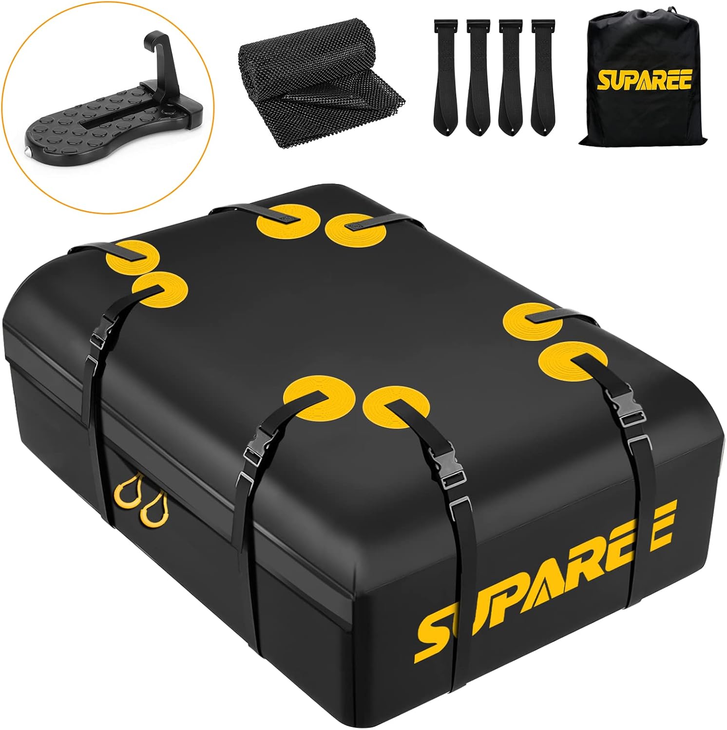 Rooftop Cargo Carrier Bag - SUPAREE 19 Cubic ft car Car Roof Bag Waterproof Car Top Carrier Roof Bag Fits All Vehicle with/ Without Rack- Car Cargo Carrier Roof Includes Car Doorstep, Mat, Door Hooks