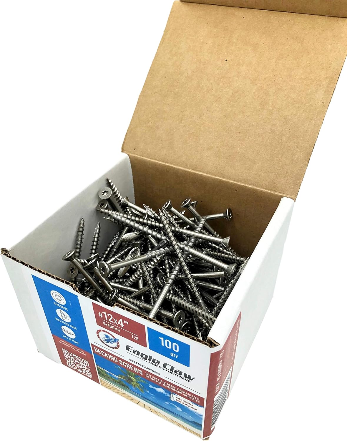 #12 x 4 Inch 305 Grade Stainless Steel Deck Screws 100 Box T25 Star Drive Included by Eagle Claw Fasteners Pack of 2