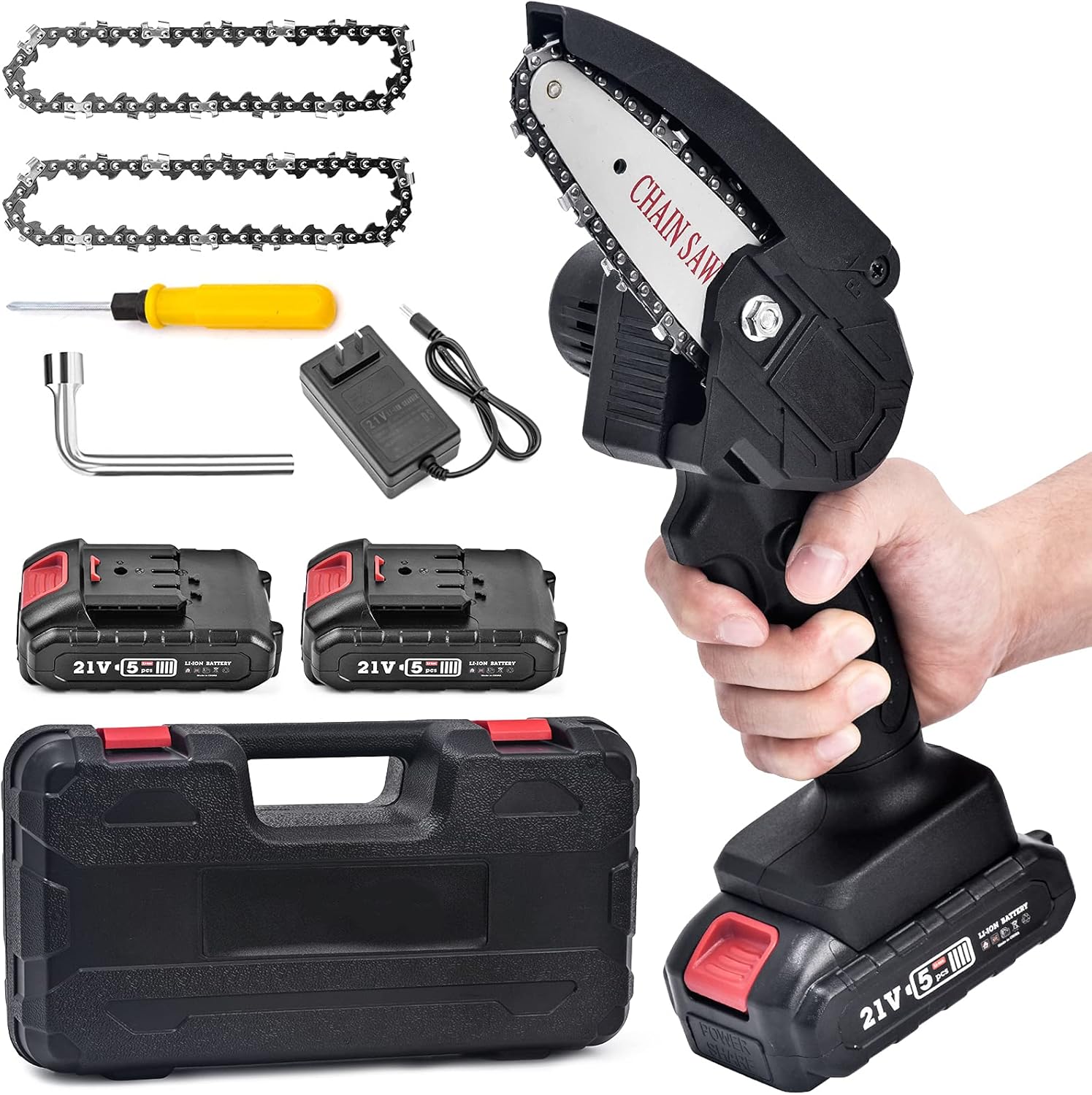 Mini Chainsaw with charger, 2 Batteries, 2Pcs Chains & Tool Case, Cordless Electric Portable Chainsaw Battery Operated Pack of 2