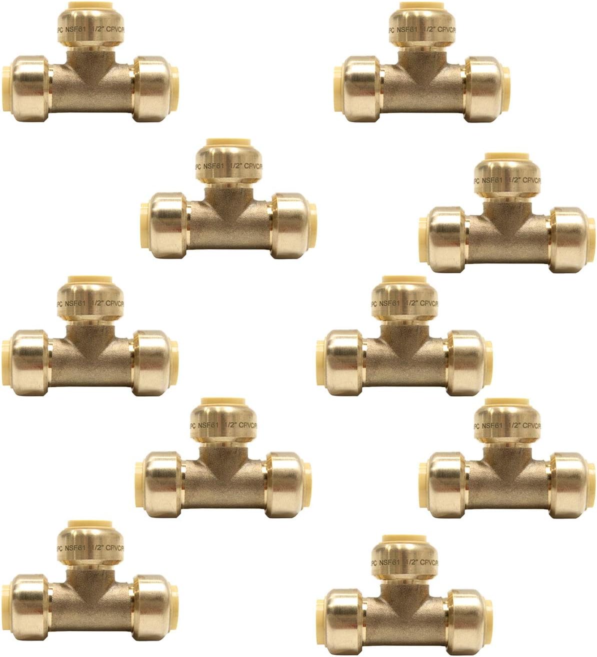 (Pack of 10) EFIELD 1/2 Inch Tee Push-Fit Fitting to Connect Pex, Copper, CPVC with a Disconnecting Clip, Lead Free Brass