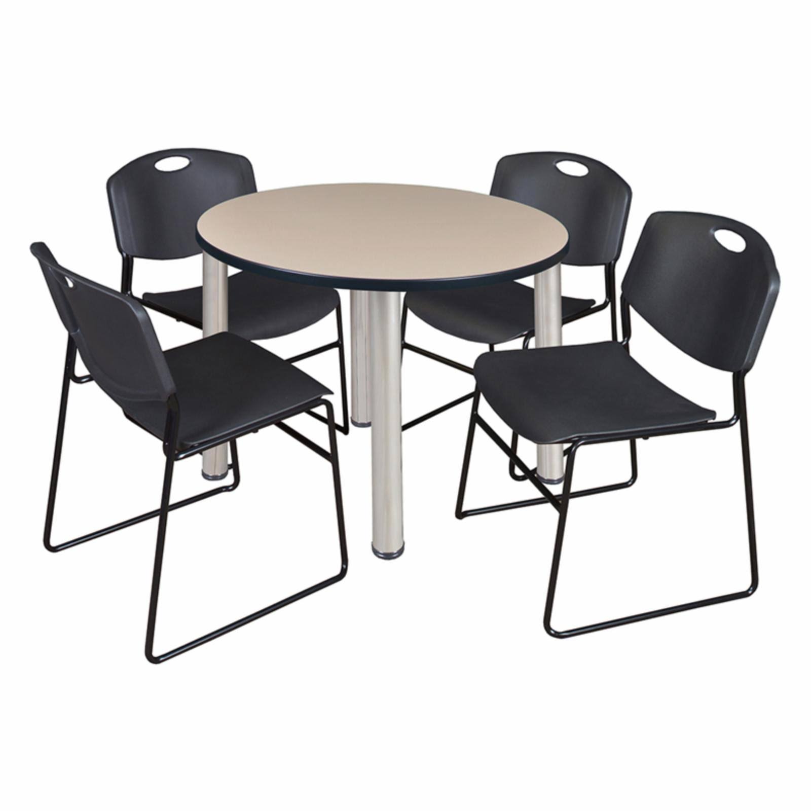 Regency Kee 48x22 Round Breakroom Table- Beige/ Chrome u0026 4 Zeng Stack Chairs- Black