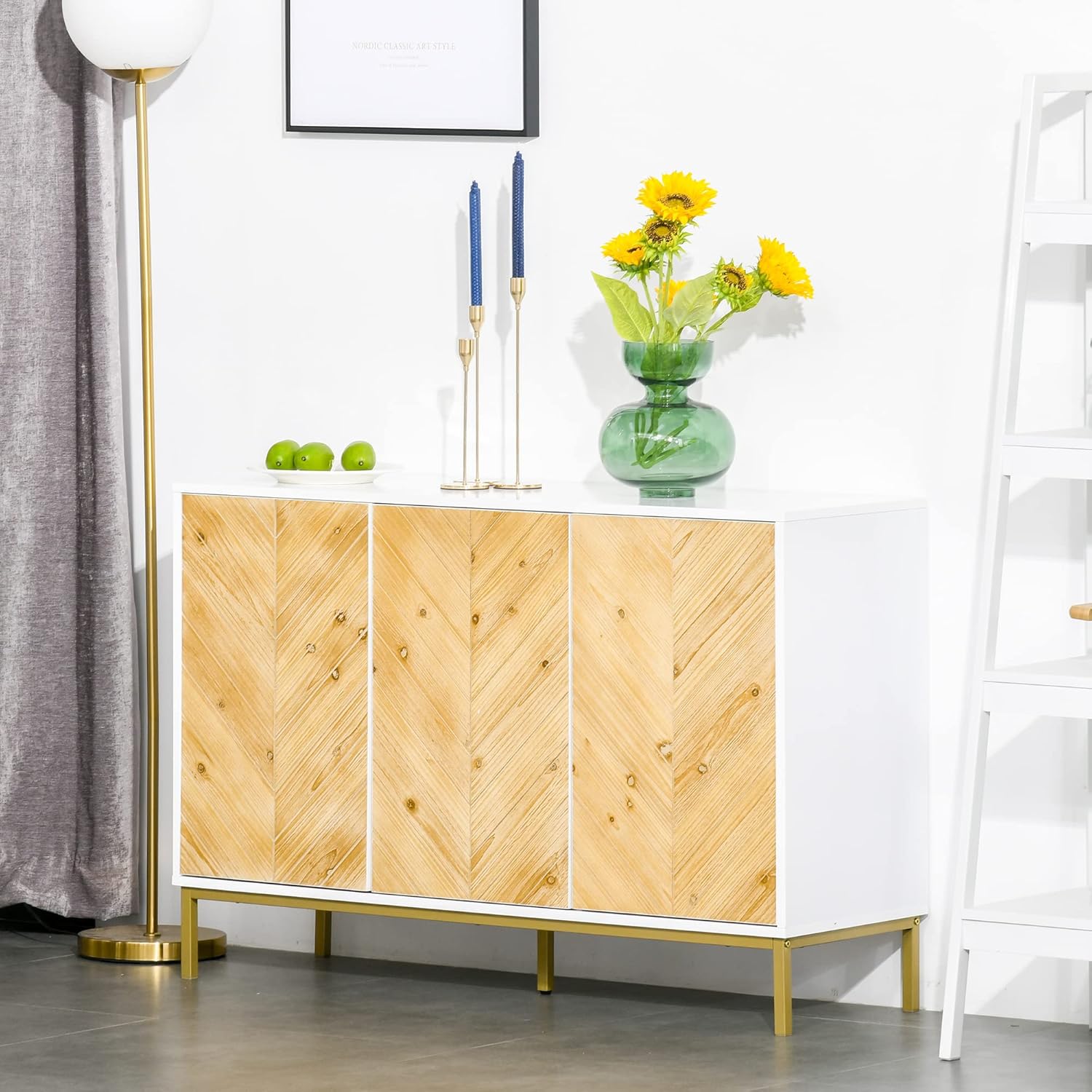 HOMCOM Modern 3 Door Accent Sideboard Storage Cabinet with Chevron Pattern and Adjustable Shelving, Natural Wood