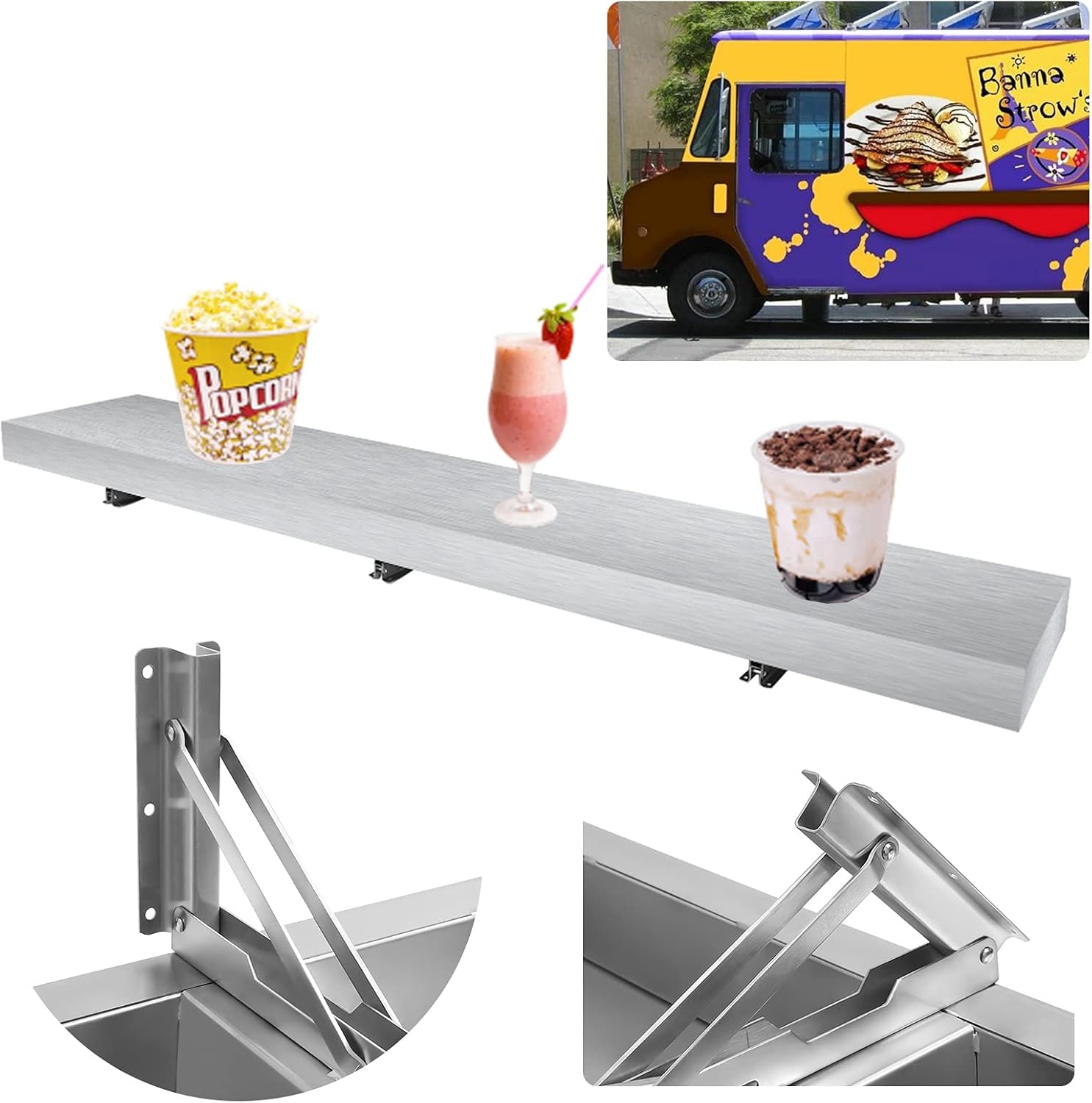 6 FT Concession Shelf with Stainless Steel Frame and Aluminum Alloy Surface Board Drop Down Folding Shelf for Food Trailer/Truck Serving Window(70.9